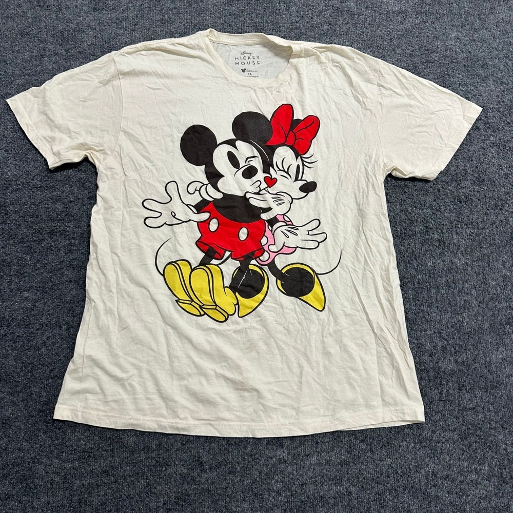 Disney T-Shirt Womens Size 1X Cream Mickey Minnie Mouse Graphic Short Sleeve Tee
